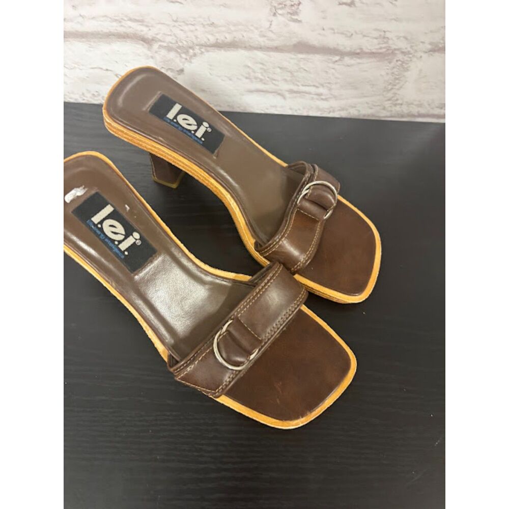 LEI Y2k Buckle Strap Peep Toe Heel Preppy Office Siren Block Heel Size 8 Brown - Picture 2 of 6